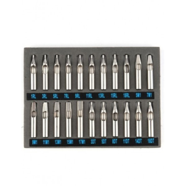 Set of 22 tips for tattoo stainless steel of various sizes in the housing
