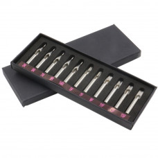 Set of 11 stainless steel tattoo tips of various sizes in a case