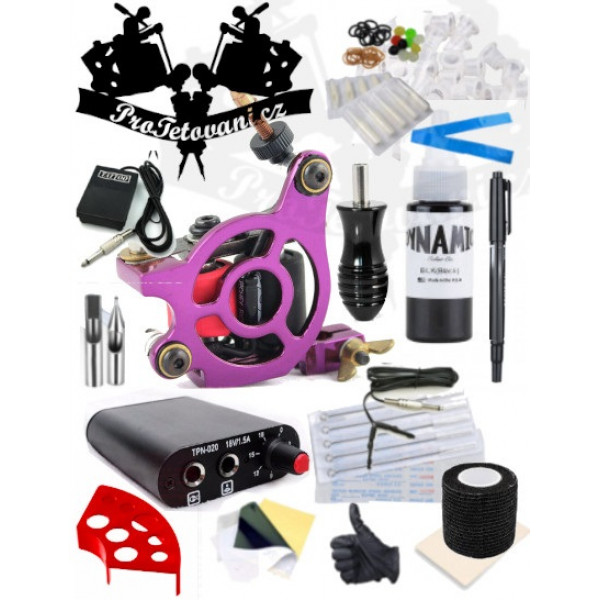 Tattoo set with one coil machine special edition VIOLET and Dynamic Black tattoo ink